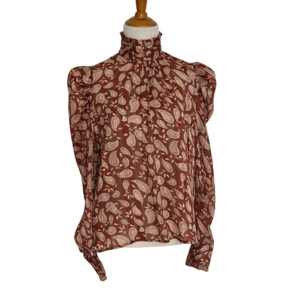Victorian Puff Sleeve Blouse Semi Sheer Paisley Metallic Career Fall Women Small